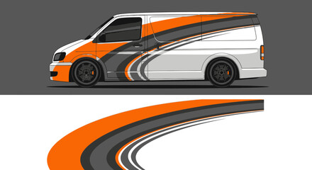 Stylized orange and gray racing van with sweeping graphic swoosh design for transport. © Lailatul
