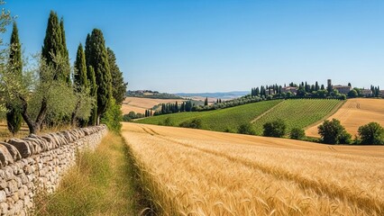 Fototapeta premium Golden wheat fields and rolling hills in the Italian countryside under a clear blue sky