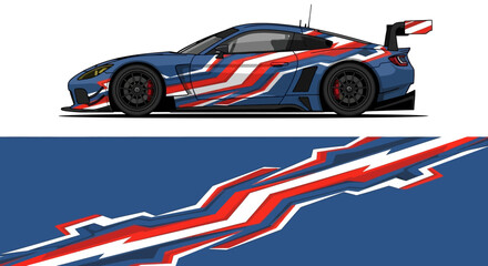 Sleek blue red white race car with bold livery and aerodynamic design on display. © Lailatul