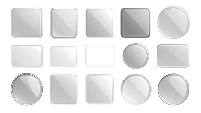Vector illustration: set of rectangular and round semi-transparent glass UI UX element frames morphism buttons with shiny reflections isolated on white or transparent png