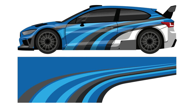 Blue race car with stylized wave decals and dynamic graphic wrap illustration asset.