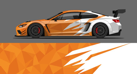 Vibrant orange race car illustrated with geometric patterns and bold dynamic design. © Lailatul