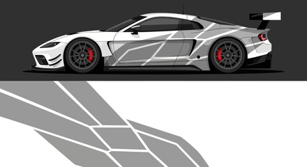 Fototapeta premium Sleek white race car with geometric graphics on dark background for dynamic automotive motion.