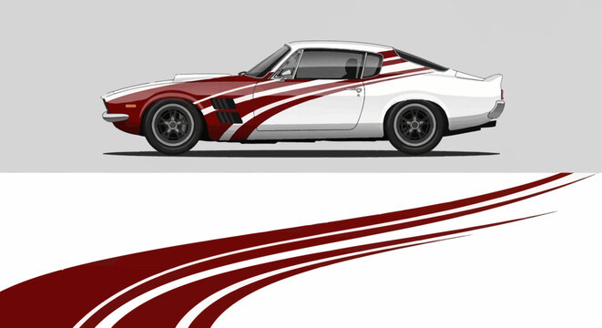 Red and white convertible sports car with racing stripes on a light gray background.