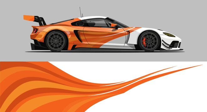 Orange and white racecar with aerodynamic design and dynamic swoosh graphics and motion.