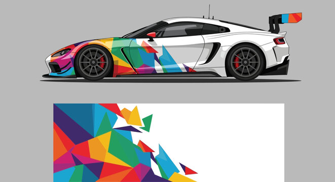 Colorful Geometric Wrap on a Sleek Sports Car with Abstract Art Design.