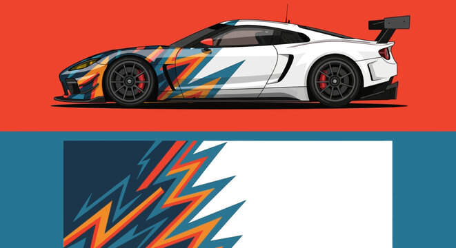 Vibrant race car illustration with bold zigzag patterns and split color blocks.