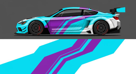 Sleek teal and purple race car with bold stripes on a geometric background. © Lailatul