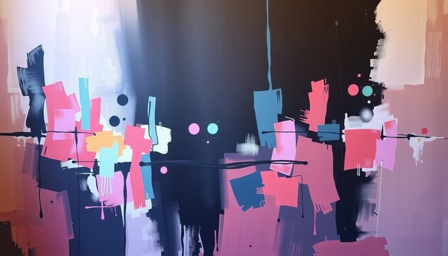 Abstract colorful urban graffiti background featuring a silhouette crowd of people dancing at a music club disco party with vibrant neon lights and a DJ at a nightlife event illustration