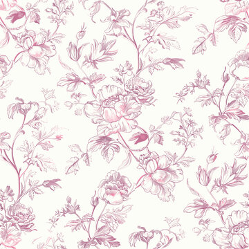 Pink toile floral seamless pattern 