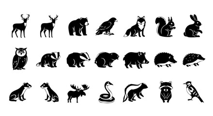 Fototapeta premium Forest Animal Silhouettes Flat Vector Set