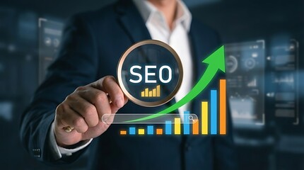 Business professional holding magnifying glass over SEO growth chart with upward trend arrow 