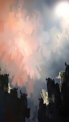 Obraz premium A vibrant sunset over the urban landscape ignites a fire in the sky where factory smoke and clouds mingle above city buildings and water, blending nature with industrial pollution and light