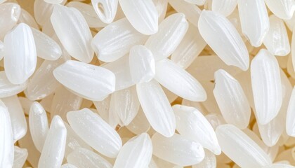White rice grains spread across a flat surface with natural light highlighting their shape and texture during the day