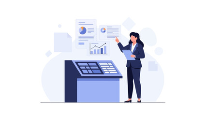Fototapeta premium Businesswoman analyzing data charts and graphs on interactive screen, digital presentation