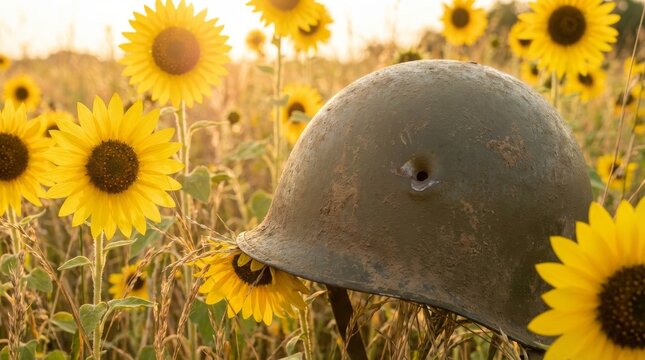 Worn Military Helmet with Bullet Dent in Sunflower Field