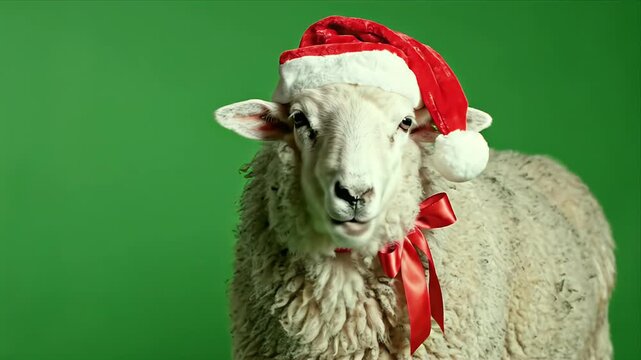 Festive Sheep Wearing Santa Hat and Red Ribbon Bow Tie Posing Cheerfully on Green Screen for Christmas Celebration or