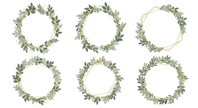 Collection of six elegant green leaf wreaths with golden geometric frames perfect for wedding invitations or sophisticated botanical branding.