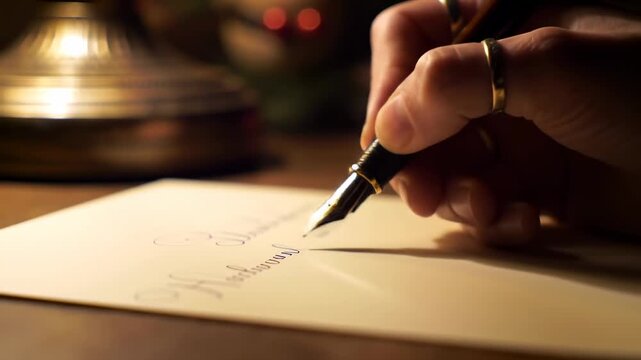 Elegant Hand Writing with Fountain Pen on Paper Closeup Calligraphy.
