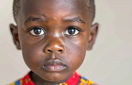 Ni&ntilde;o africano de mirada triste concepto de pobreza infantil e inocencia, para campa&ntilde;a de solidaridad, ayuda humanitaria, cooperaci&oacute;n internacional y concienciaci&oacute;n social contra el hambre en el mundo