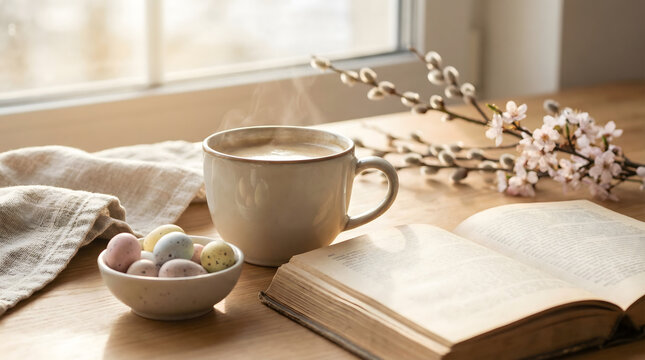Cozy Easter morning still life with a cup of hot coffee, open book, glasses and pastel colored eggs on a rustic wooden table near a window. Warm spring home atmosphere with soft natural light. 