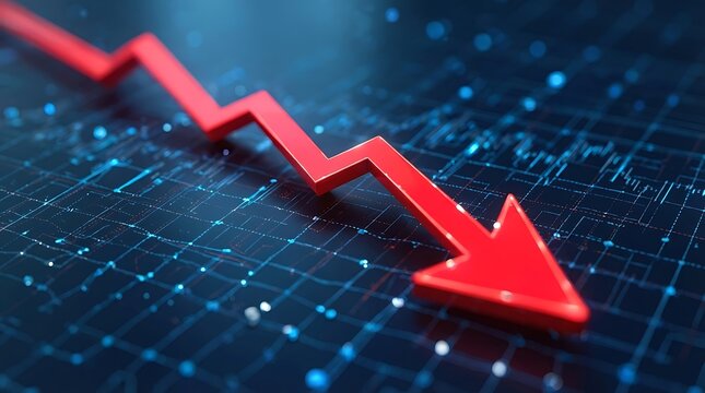 Red downward trending stock market arrow on digital finance circuit board 