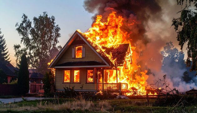 House engulfed in flames, intense fire consuming the structure.