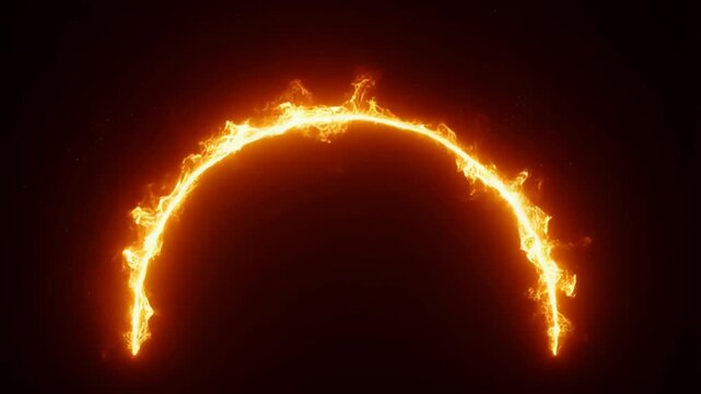 Dynamic fiery semi-circular arc of flowing bright flames with glowing embers on a deep black background, creating a mesmerizing elemental fire effect loop animation footage