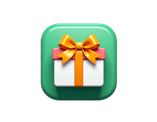 Realistic 3D rendered gift box with orange bow on green square