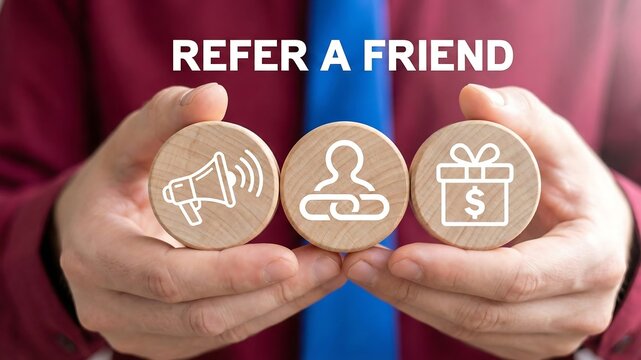 Stock Photo ID: 2650114075

Business person holding wooden blocks with icons sees inscription: REFER A FRIEND. Referral Marketing or Affiliate Marketing Strategy Concept. Refer a friend  new ai