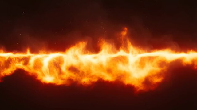 Horizontal flowing wall of vibrant fire energy with dynamic upward flames and glowing sparks on dark background, abstract plasma and molten lava effect, intense heat visualization video footage