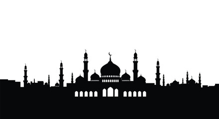 Mosque Silhouette with Domes and Minarets against White Sky © SHANTI ICONSET