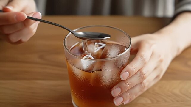 Close Up Shot of Stirring Iced Drink in Glass.