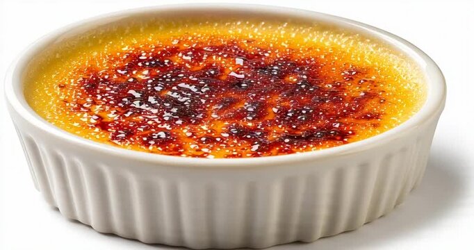 Golden caramelized cr&egrave;me br&ucirc;l&eacute;e in a ramekin, isolated on pure white background, elegant gourmet presentation, luxurious French dessert for menus, advertising, and premium culinary branding.