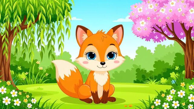 Cute Cartoon Fox Idle Animation in Colorful Forest Garden with Swaying Flowers Seamless Loop Video