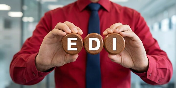 Business person holding wooden blocks with inscription: EDI. EDI or Electronic Data Interchange computer, concept