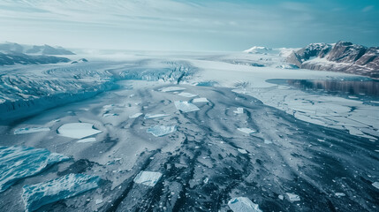 Aerial view of a vast Arctic landscape with glaciers, icy mountains, and frozen waterways. Endless snowfields and drifting ice floes under a clear blue sky create a dramatic polar scene