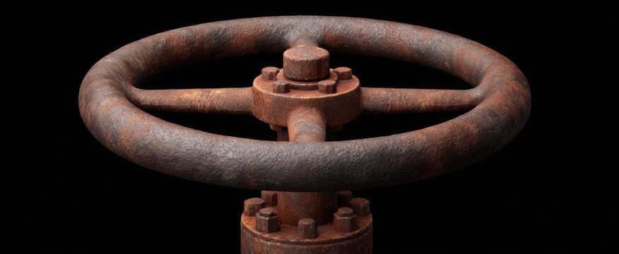 Detailed close-up of a corroded valve wheel on a vintage industrial steam pipe