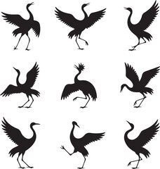 Obraz premium Silhouette of cranes in various poses on white background