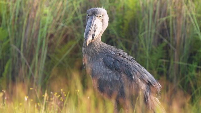 A Shoebill (Balaeniceps rex) standing motionless in its natural habitat among the papyrus plants of Mabamba Swamp, Uganda