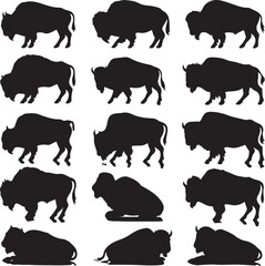 black silhouettes of bison in various poses on white background