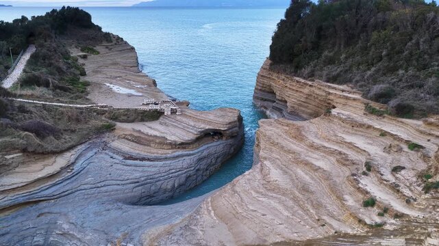 Aerial Drone View of Canal d'Amour Sandstone Cliffs and Turquoise Sea Channel in Sidari Corfu Greece
