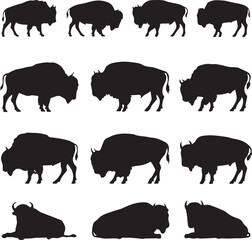 black silhouettes of bison in various positions on white background