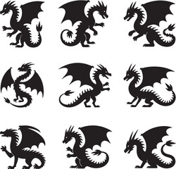 Obraz premium black silhouettes of dragons in various poses on white background