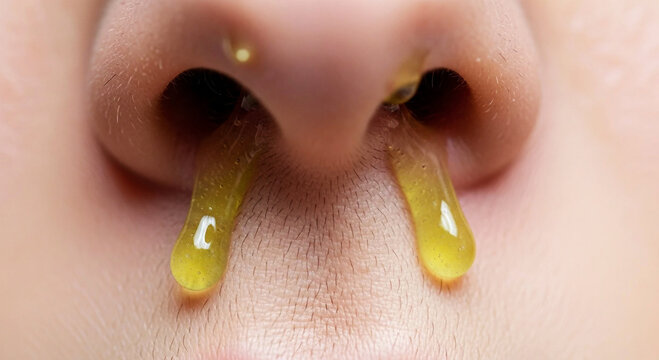 Children's colds and coughs Close up of yellow nasal mucus dripping from human nostrils
