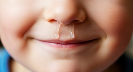 Naklejka premium Children's colds and coughs Close up of childs nose with dripping clear mucus image