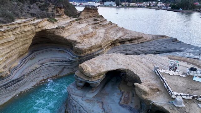 Cinematic Drone Flight Over Unique Layered Sandstone Rock Formations at Canal d'Amour Sidari Corfu