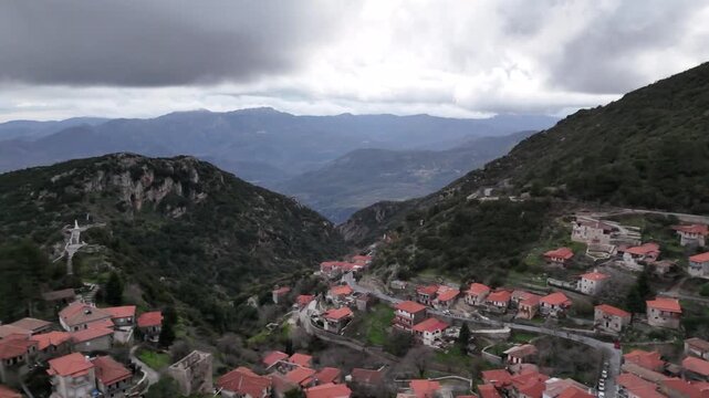 Drone View Over Stemnitsa, Traditional Stone Village in Arcadia