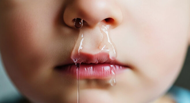 Children's colds and coughs Close up of childs nose and mouth with dripping mucus