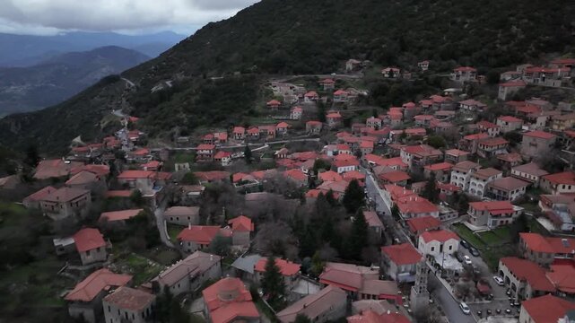 Aerial drone footage of Stemnitsa, a traditional mountain village in Arcadia, Peloponnese, Greece